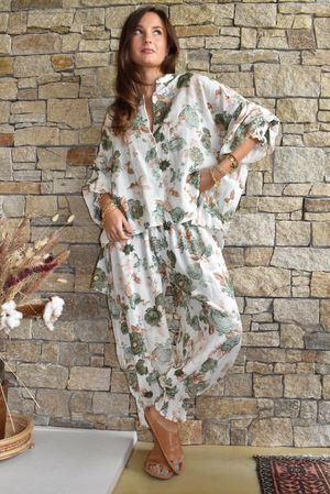 Daughter Of Ibiza Cabbage Rose Balloon Sleeve Shirt Moss